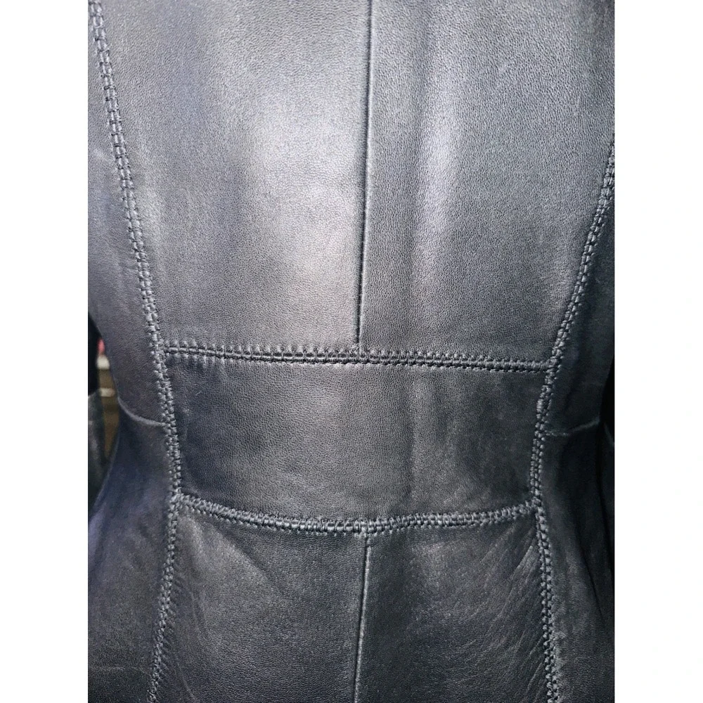 Avanti New York Black Leather Blazer Jacket Whipstitch 3 Button Womens M A6
